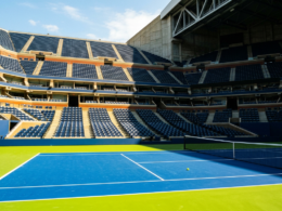 Federer at Arthur Ashe, empty tennis stadium from the baseline with sun splitting the bowl