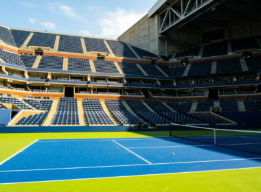 Federer at Arthur Ashe, empty tennis stadium from the baseline with sun splitting the bowl