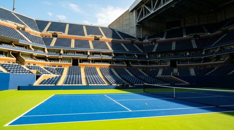 Federer at Arthur Ashe, empty tennis stadium from the baseline with sun splitting the bowl