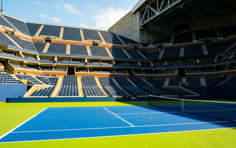 Federer at Arthur Ashe, empty tennis stadium from the baseline with sun splitting the bowl