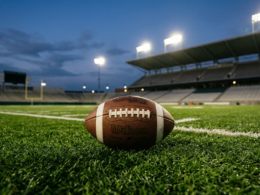 An American football resting on green stadium turf under bright lights at dusk