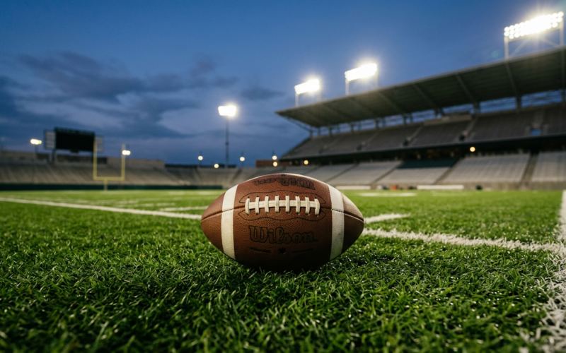 An American football resting on green stadium turf under bright lights at dusk