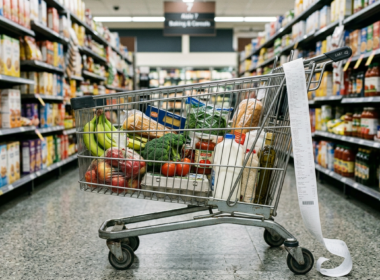 Half filled grocery cart in a supermarket aisle with a long receipt draped over the handle, illustrating 2026 food prices