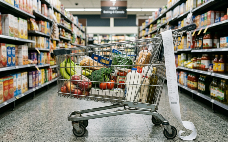 Half filled grocery cart in a supermarket aisle with a long receipt draped over the handle, illustrating 2026 food prices