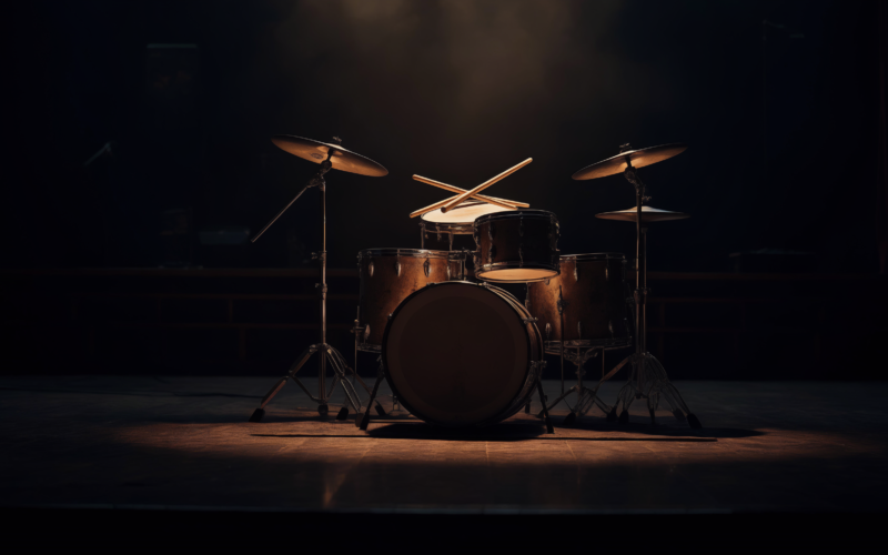 Tribute to Frank Beard of ZZ Top shown as an empty vintage drum kit under a single spotlight on a darkened stage