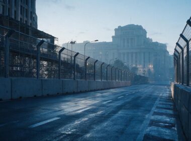Freedom 250 Grand Prix shown by concrete race barriers and catch fencing along an empty city avenue at dawn