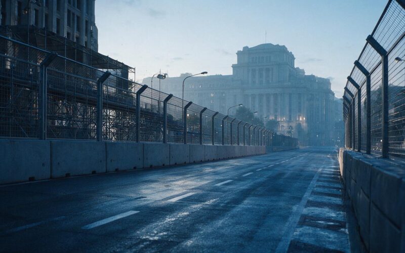 Freedom 250 Grand Prix shown by concrete race barriers and catch fencing along an empty city avenue at dawn