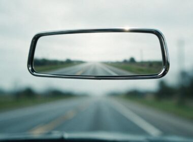Rearview mirror in sharp focus reflecting an empty two lane highway under overcast sky