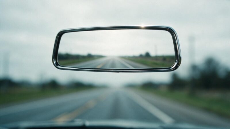 Rearview mirror in sharp focus reflecting an empty two lane highway under overcast sky