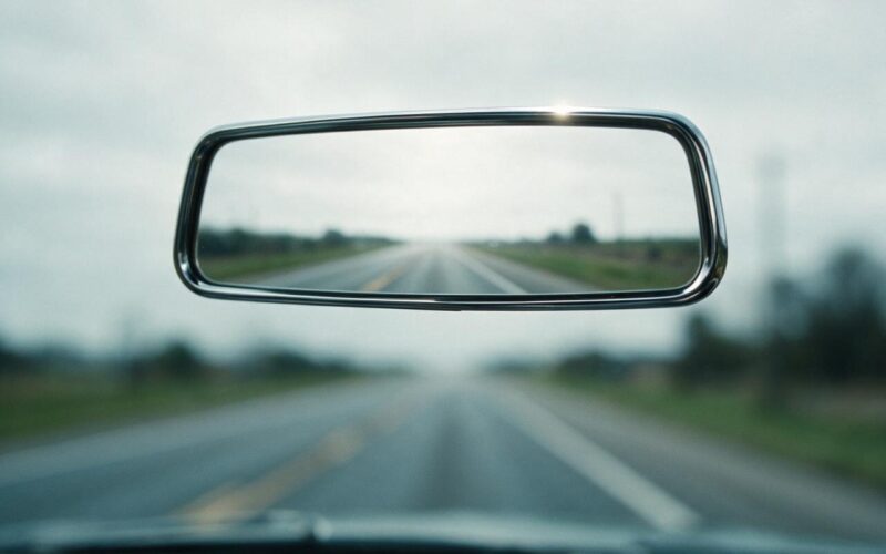 Rearview mirror in sharp focus reflecting an empty two lane highway under overcast sky