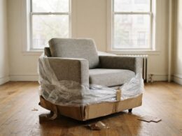 A half unwrapped armchair in cardboard and plastic in an empty room as furniture prices shift after ordering