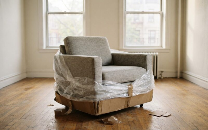 A half unwrapped armchair in cardboard and plastic in an empty room as furniture prices shift after ordering