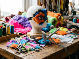 FursuitFriday costume craft workbench covered in colorful faux fur swatches, a foam head form, scissors and thread