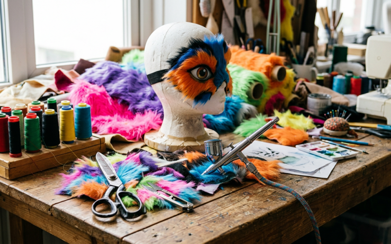 FursuitFriday costume craft workbench covered in colorful faux fur swatches, a foam head form, scissors and thread