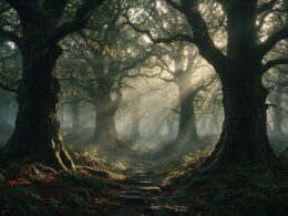 Gamescom 2026 announcements, misty ancient oak forest at dawn with gold light through the canopy