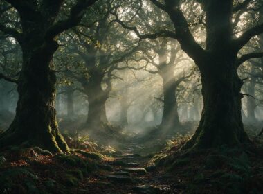 Gamescom 2026 announcements, misty ancient oak forest at dawn with gold light through the canopy