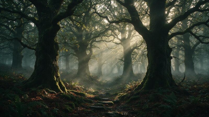 Gamescom 2026 announcements, misty ancient oak forest at dawn with gold light through the canopy