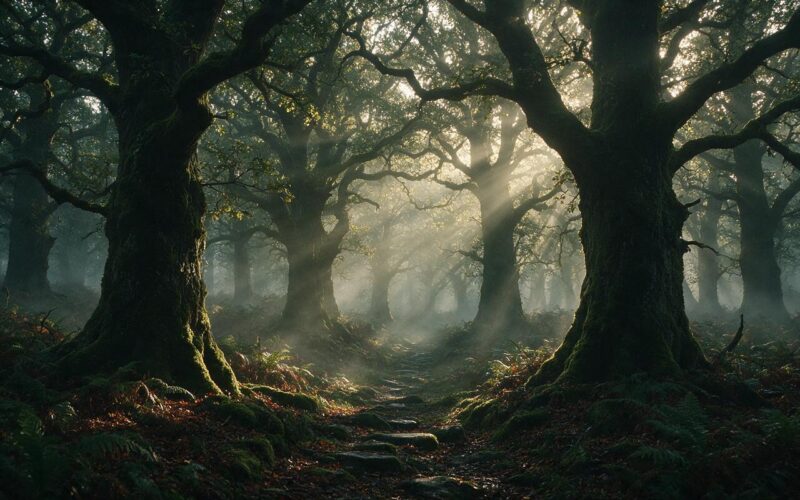 Gamescom 2026 announcements, misty ancient oak forest at dawn with gold light through the canopy