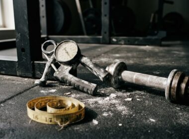 Grip strength test setup with a hand dynamometer, a knurled dumbbell handle and lifting chalk on a gym floor