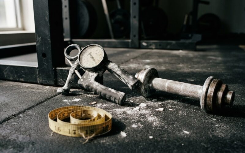 Grip strength test setup with a hand dynamometer, a knurled dumbbell handle and lifting chalk on a gym floor