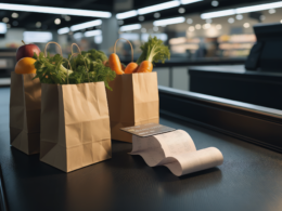 Grocery prices affordability shown by a supermarket conveyor belt with produce bags and a credit card resting on a long receipt