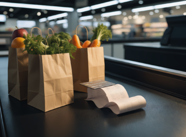 Grocery prices affordability shown by a supermarket conveyor belt with produce bags and a credit card resting on a long receipt