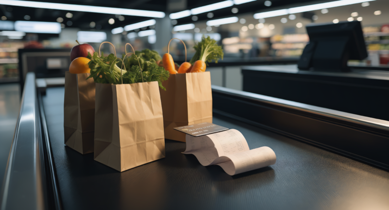 Grocery prices affordability shown by a supermarket conveyor belt with produce bags and a credit card resting on a long receipt