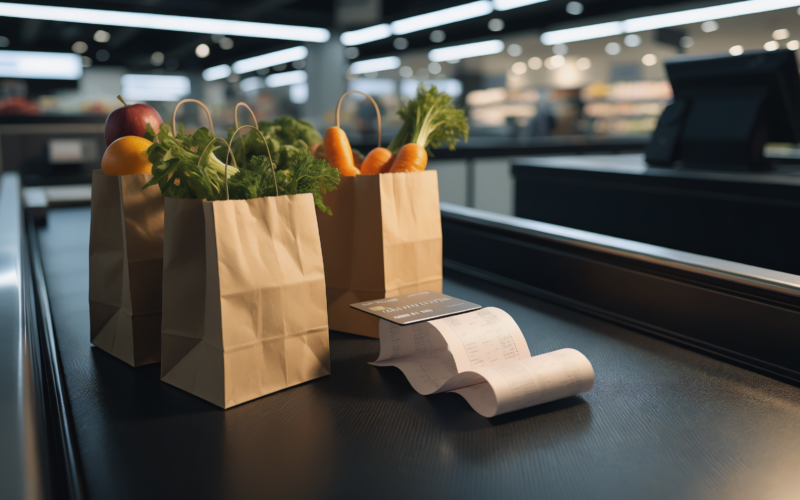 Grocery prices affordability shown by a supermarket conveyor belt with produce bags and a credit card resting on a long receipt