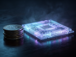 Grok 4.6 concept: a glowing microchip beside a small stack of coins on a dark surface