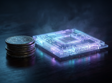 Grok 4.6 concept: a glowing microchip beside a small stack of coins on a dark surface