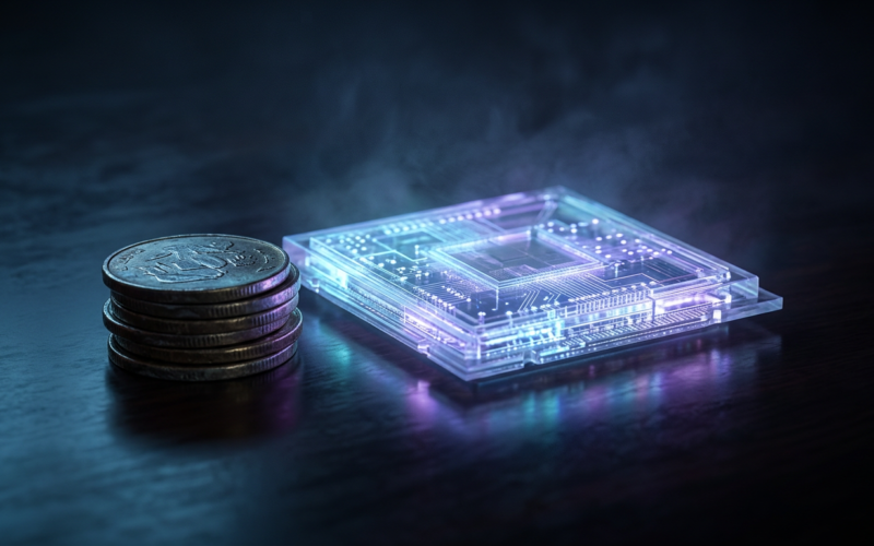 Grok 4.6 concept: a glowing microchip beside a small stack of coins on a dark surface
