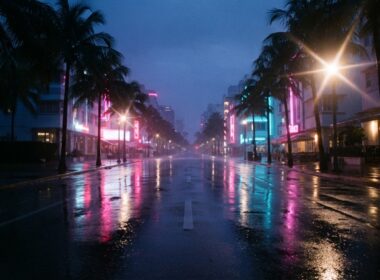 GTA 6 Extended Look represented by an empty neon lit palm boulevard at dusk after rain