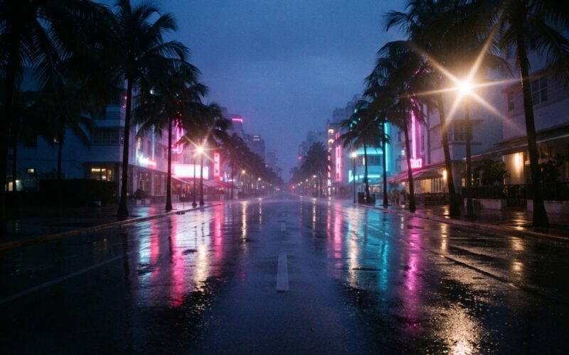 GTA 6 Extended Look represented by an empty neon lit palm boulevard at dusk after rain
