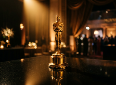 A golden award statuette on a reflective black surface under a warm spotlight, evoking Hollywood glamour