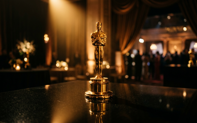 A golden award statuette on a reflective black surface under a warm spotlight, evoking Hollywood glamour