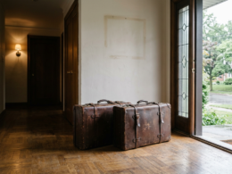 Harry and Meghan moving back to the UK represented by two packed leather suitcases beside an open front door