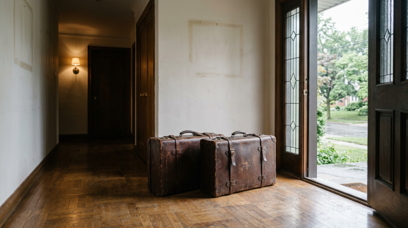 Harry and Meghan moving back to the UK represented by two packed leather suitcases beside an open front door