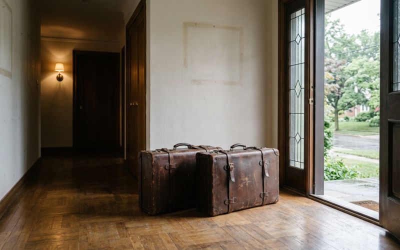 Harry and Meghan moving back to the UK represented by two packed leather suitcases beside an open front door