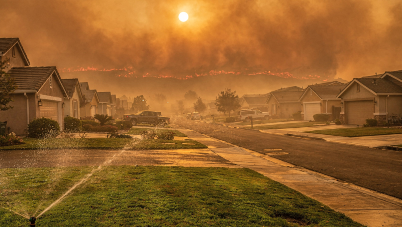 Hawk Fire Reno concept, suburban street under an orange smoke sky with a sprinkler running