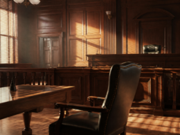 The People v Gorilla Grodd concept, empty courtroom with an oversized chair at the defense table