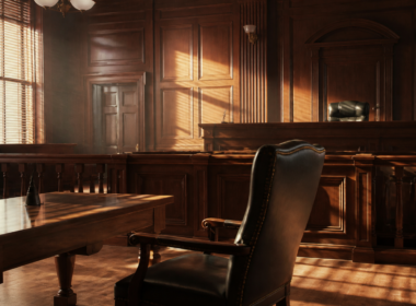 The People v Gorilla Grodd concept, empty courtroom with an oversized chair at the defense table