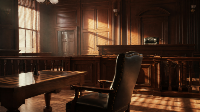 The People v Gorilla Grodd concept, empty courtroom with an oversized chair at the defense table