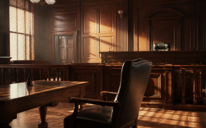 The People v Gorilla Grodd concept, empty courtroom with an oversized chair at the defense table