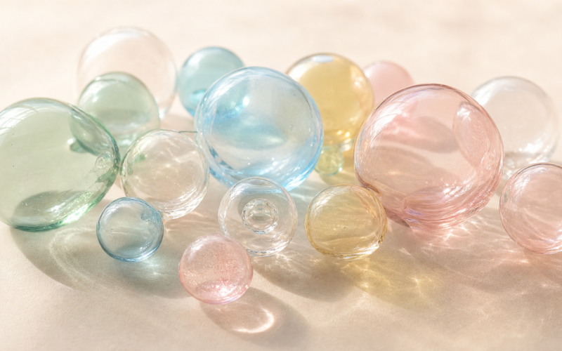 Hugging Face sale concept, cluster of translucent pastel glass spheres in soft daylight