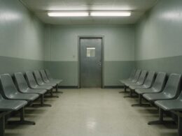 Empty institutional waiting room with two rows of grey plastic chairs under fluorescent light