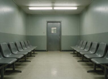 Empty institutional waiting room with two rows of grey plastic chairs under fluorescent light