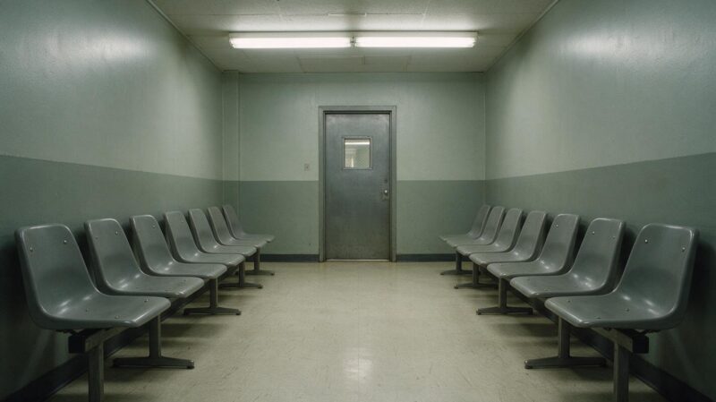Empty institutional waiting room with two rows of grey plastic chairs under fluorescent light