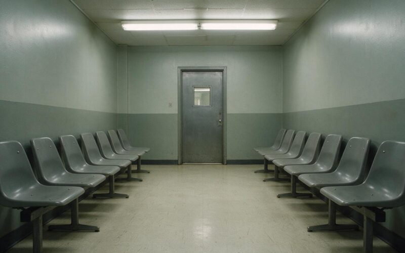 Empty institutional waiting room with two rows of grey plastic chairs under fluorescent light