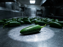 Jalapeno Salmonella outbreak shown by fresh green jalapenos on a stainless steel prep surface under cold clinical light