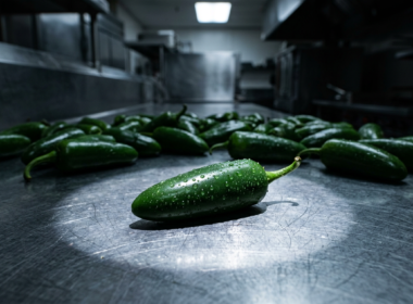 Jalapeno Salmonella outbreak shown by fresh green jalapenos on a stainless steel prep surface under cold clinical light